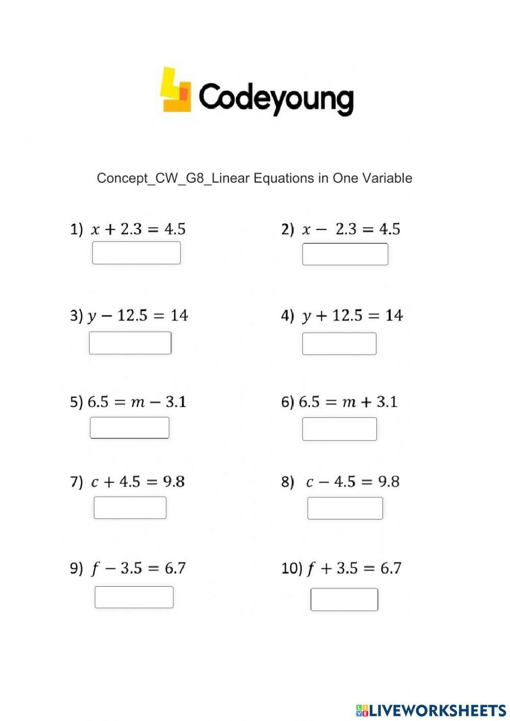 Linear Equations In One Variable Online Worksheet Live Worksheets 