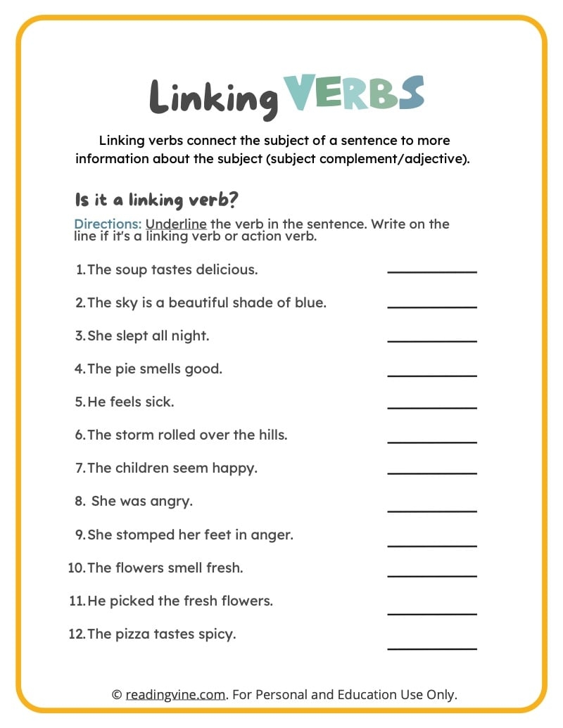 worksheet linking verbs