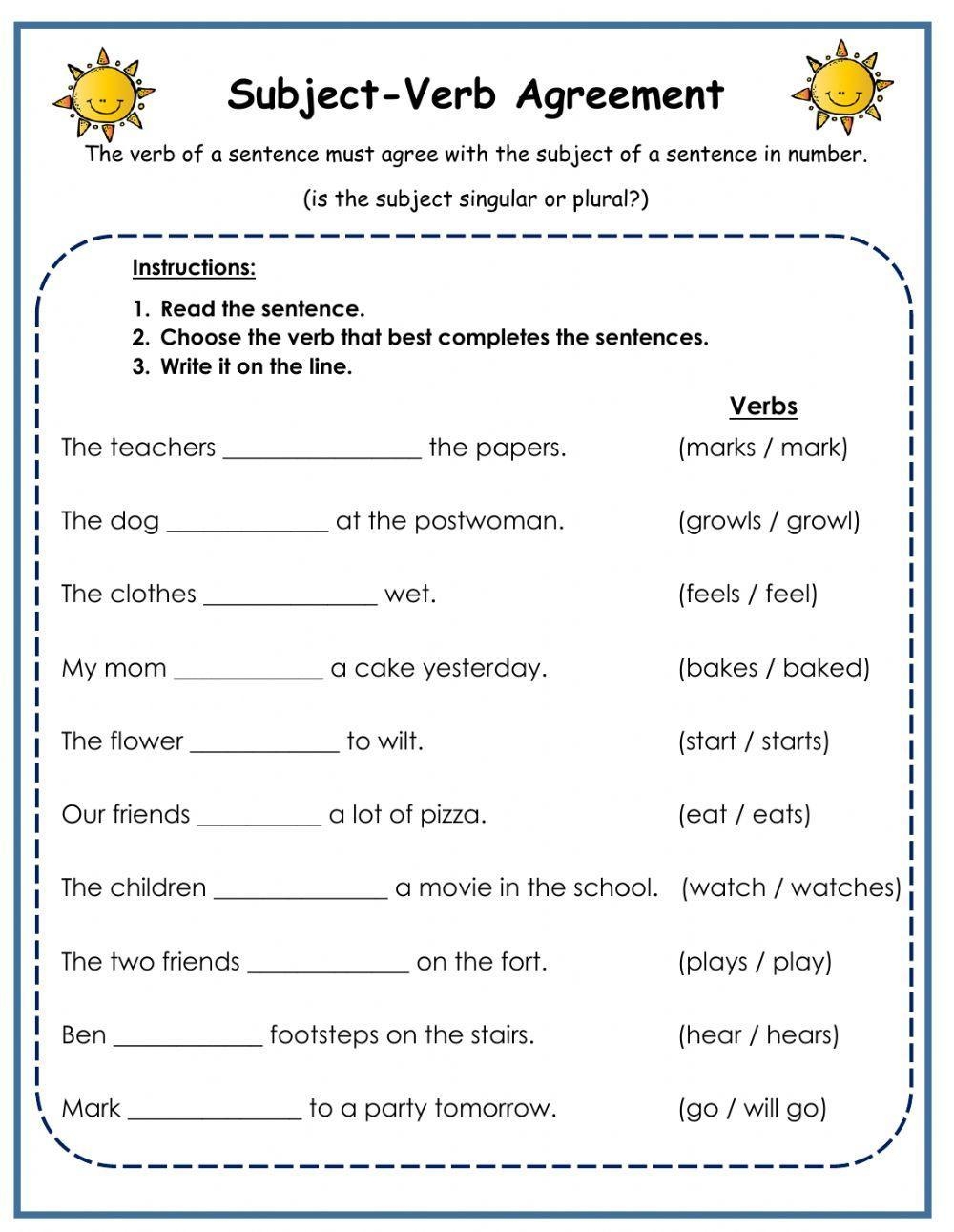 subject verb agreement worksheets pdf with answers
