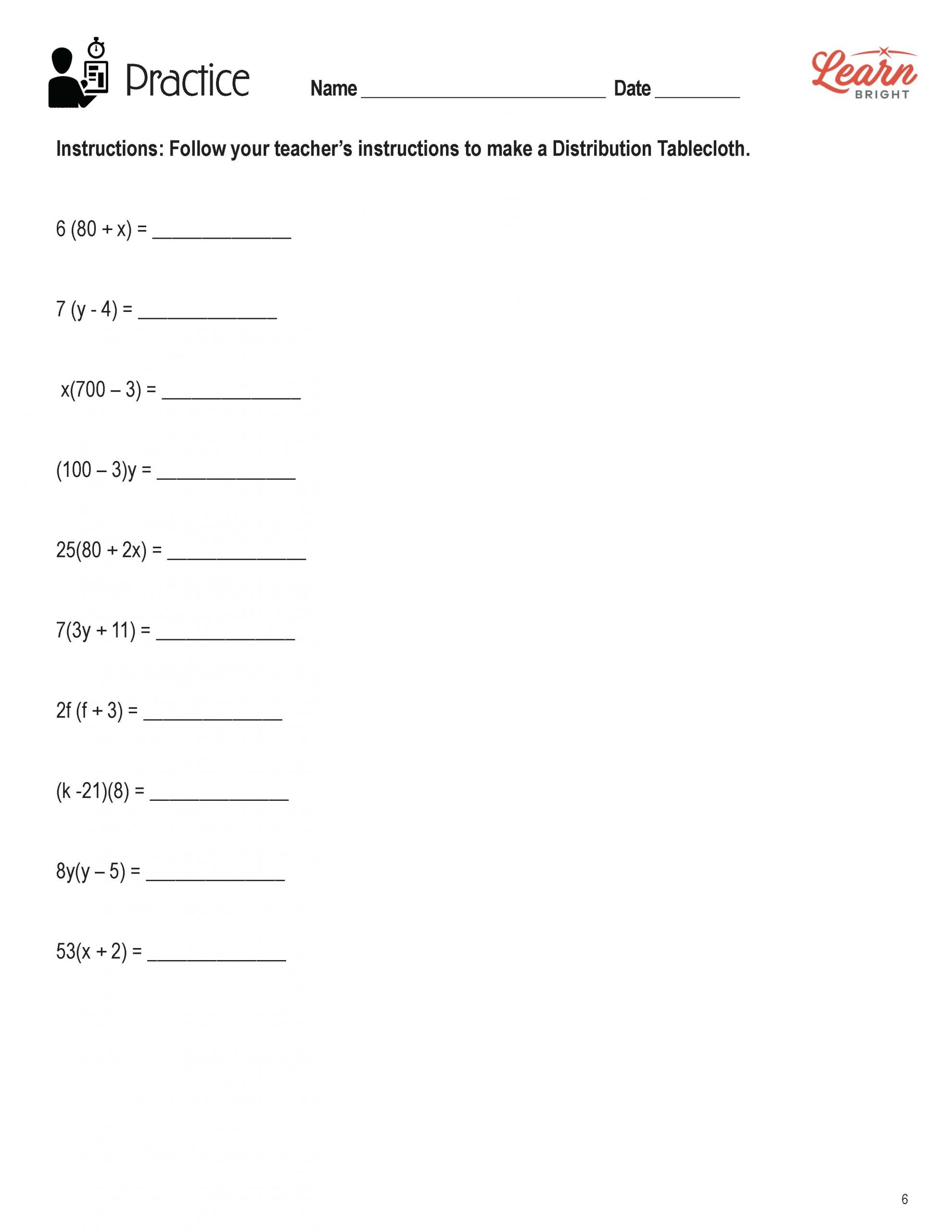 6th grade distributive property worksheet