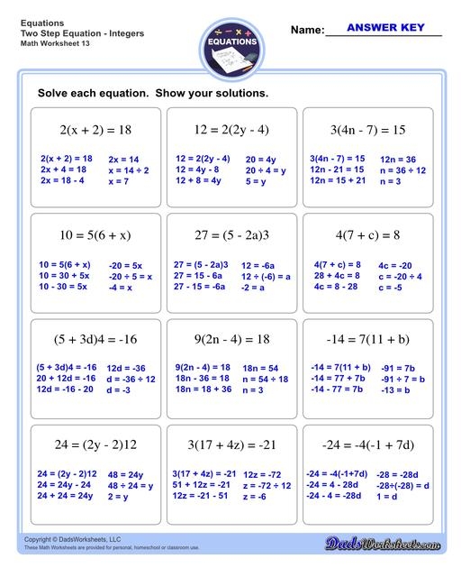 two step equations worksheets with answers