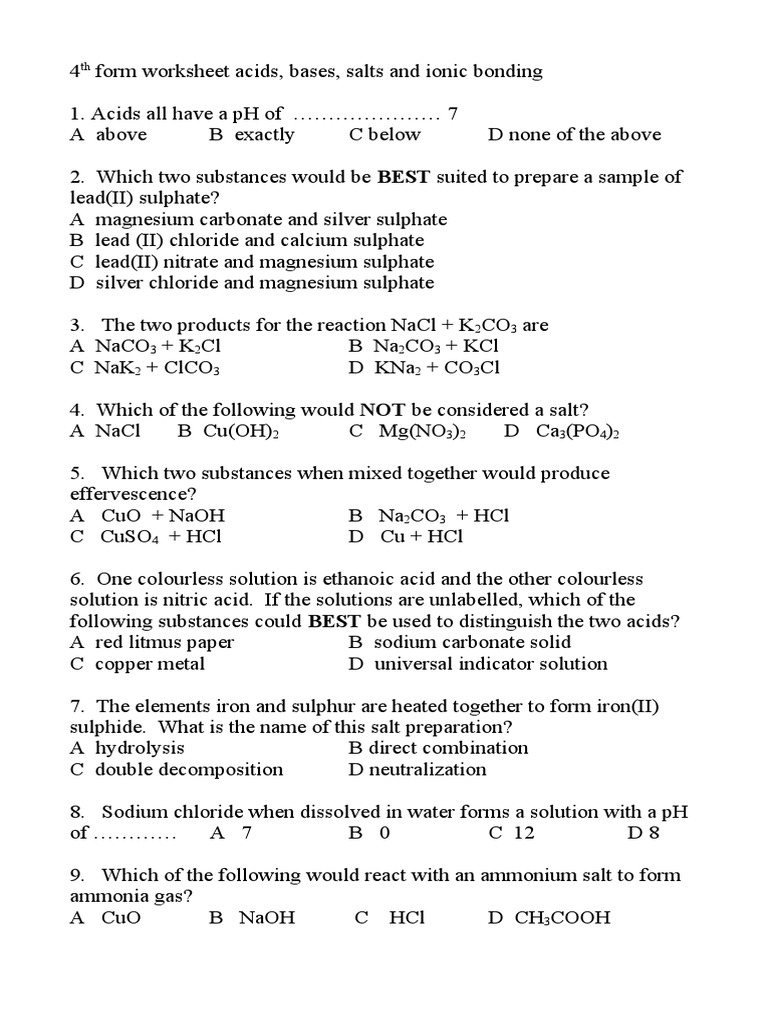 MATTHEW CORREIA Acids Bases And Salts WORKSHEET PDF Acid 