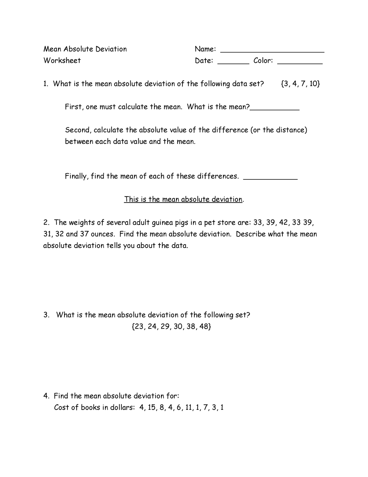 absolute deviation worksheet