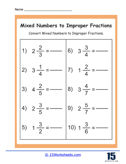 convert mixed numbers to improper fractions worksheet