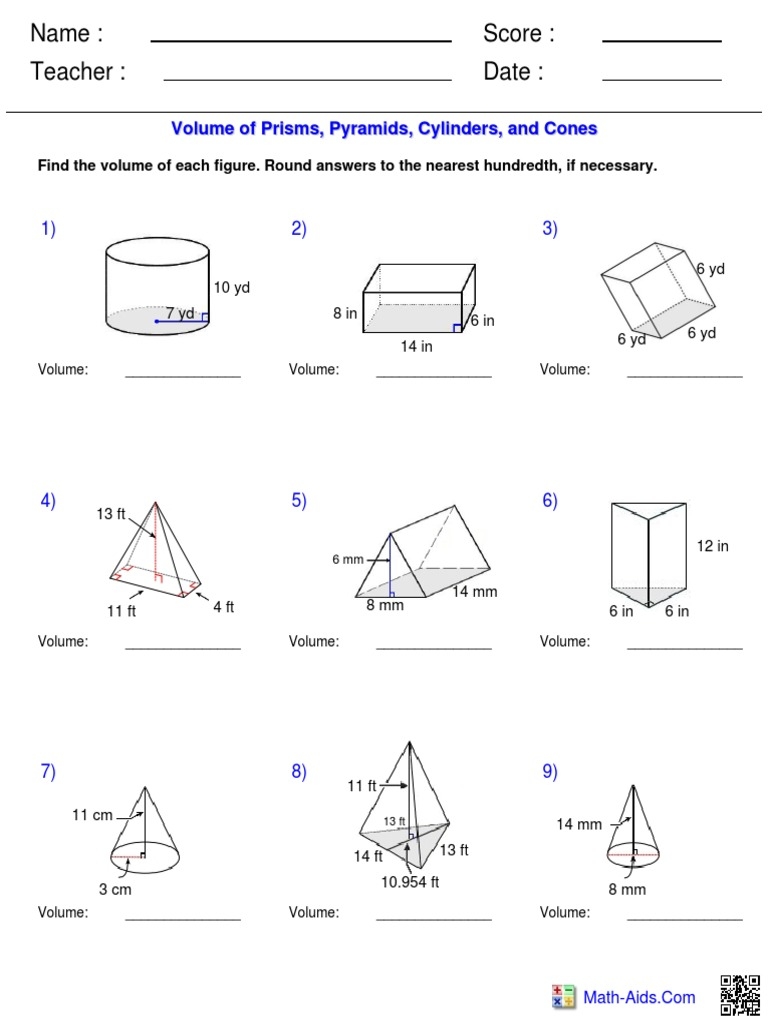 Name Teacher Date Score Volume Of Prisms Pyramids Cylinders 