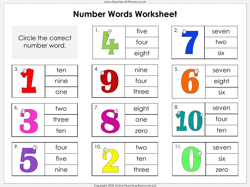 Number Words To Ten Worksheet Maths Year 1 Worksheets Library