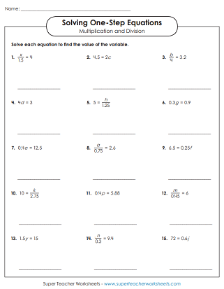 worksheets on solving one step equations