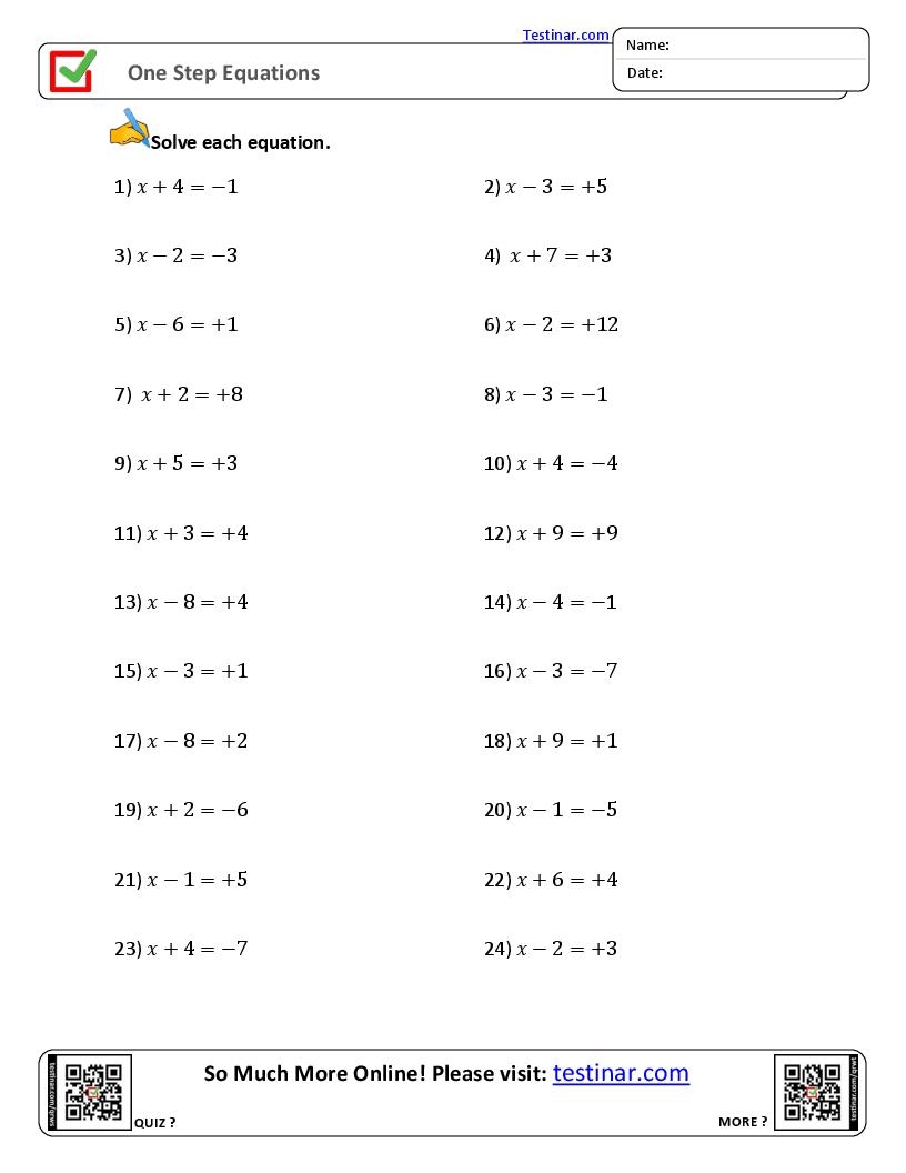 One Step Equations Worksheets