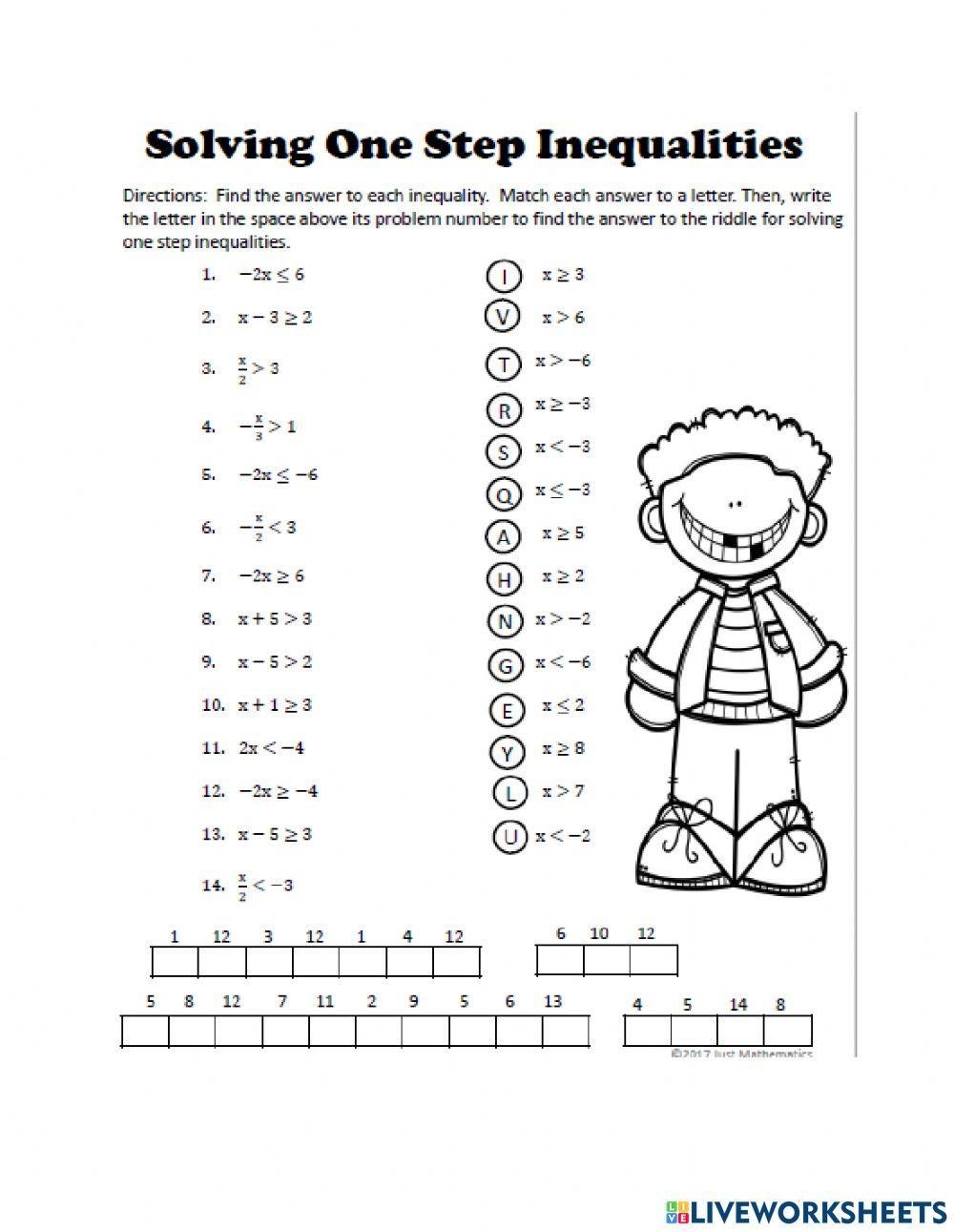 One Step Inequality Worksheets printable Online Answers Examples 