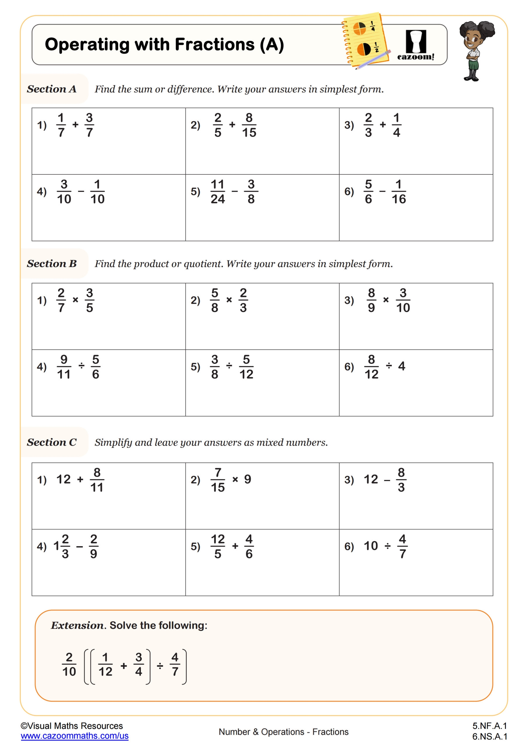 Operations With Fractions A Worksheet 5th Grade PDF Worksheets