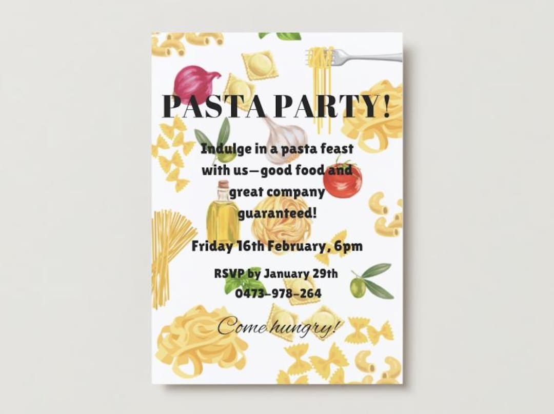 Pasta Party Invitation Template For Pasta Eating And or Making Parties 