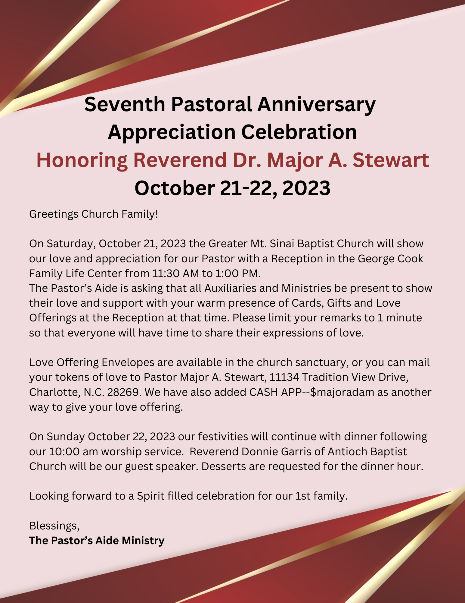 pastor anniversary invitation letter template