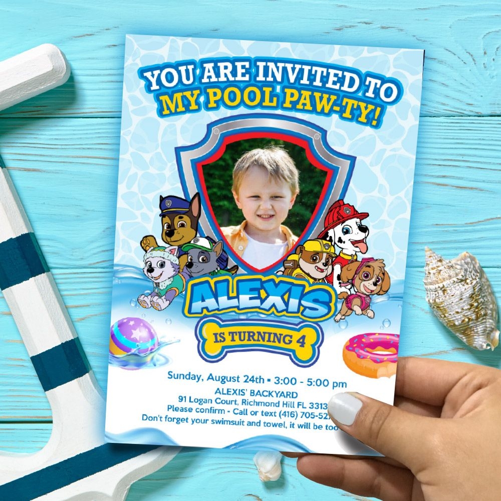 Paw Patrol Pool Party Invitation With Photo Patrol Splash