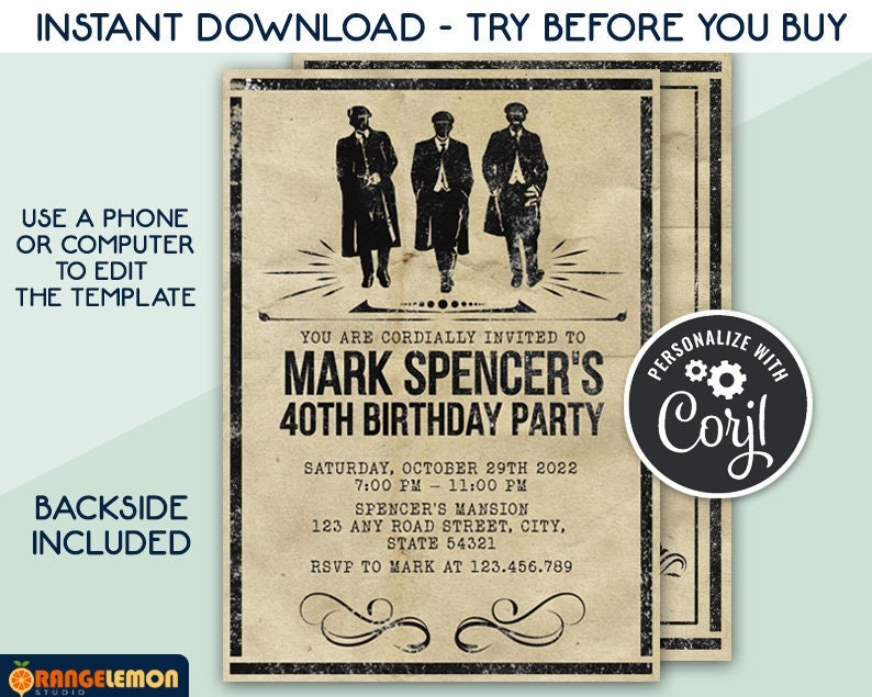Peaky Blinders Invitation Printable Invite For Men 39 s Birthday Party