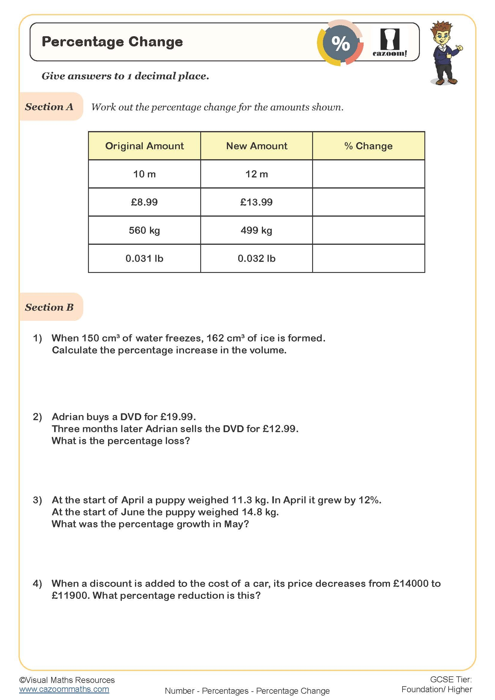 Percentage Change Worksheet Cazoom Maths Worksheets