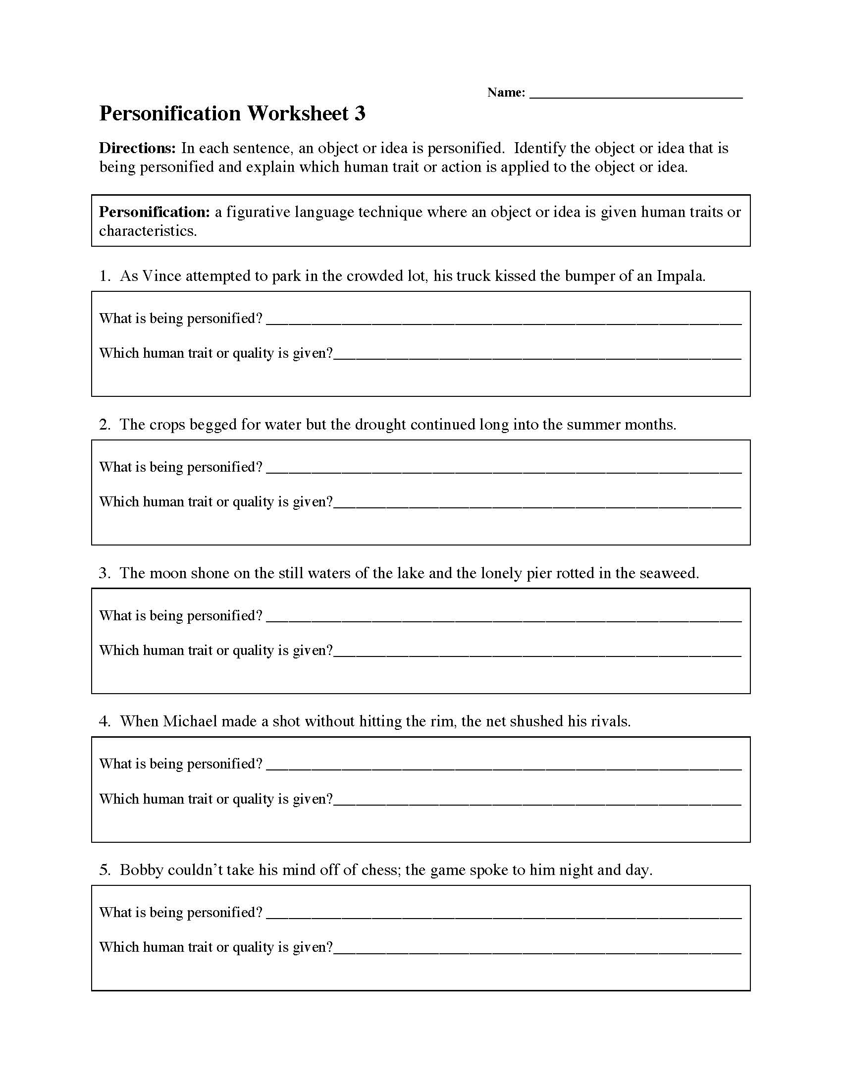 worksheets for personification