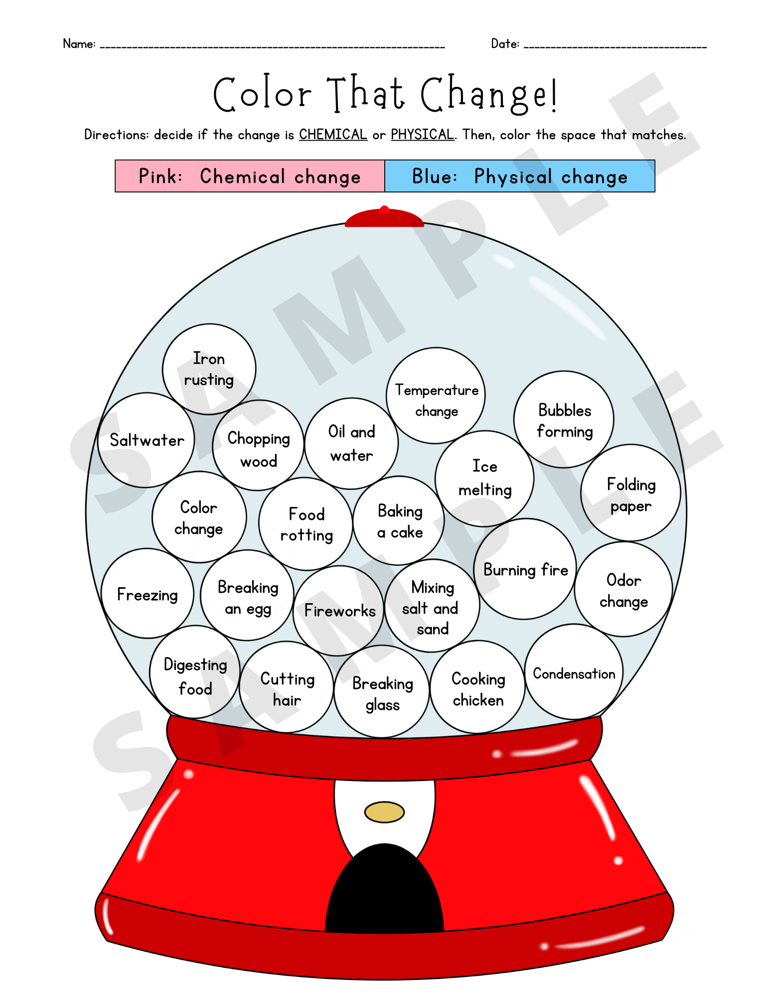 chemical change and physical change worksheet