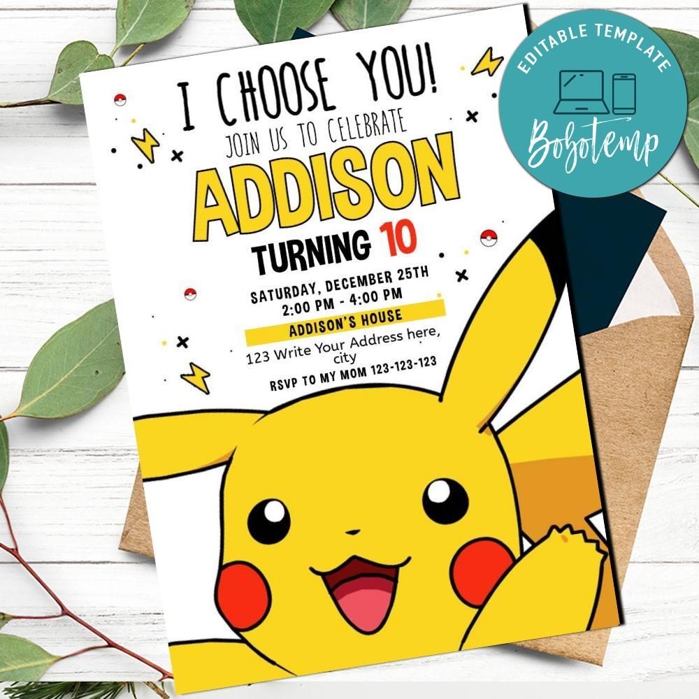 Pikachu Invitation Customizable Template Instant Download Bobotemp
