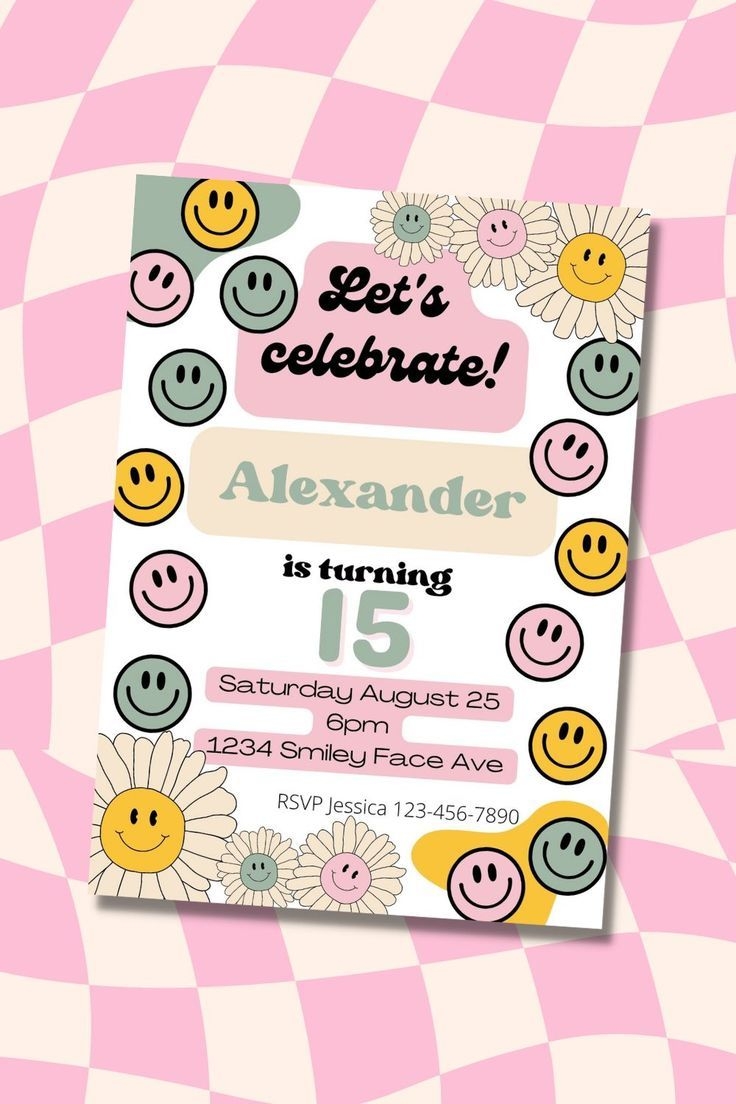 Pink Smiley Face Birthday Invite Template Happy Face Etsy 