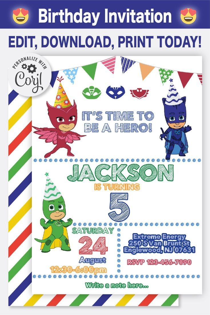 Pj Mask Birthday Invitation Template Editable Printable Instant 