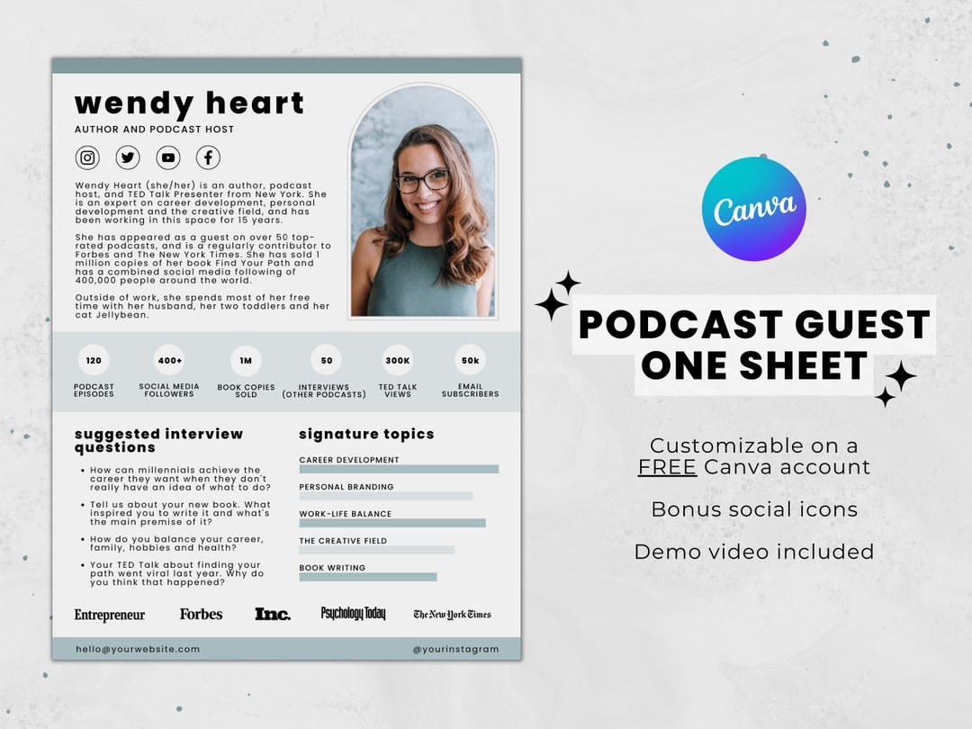 Podcast Guest One Sheet Template Podcast Guest Template Speaker Sheet 
