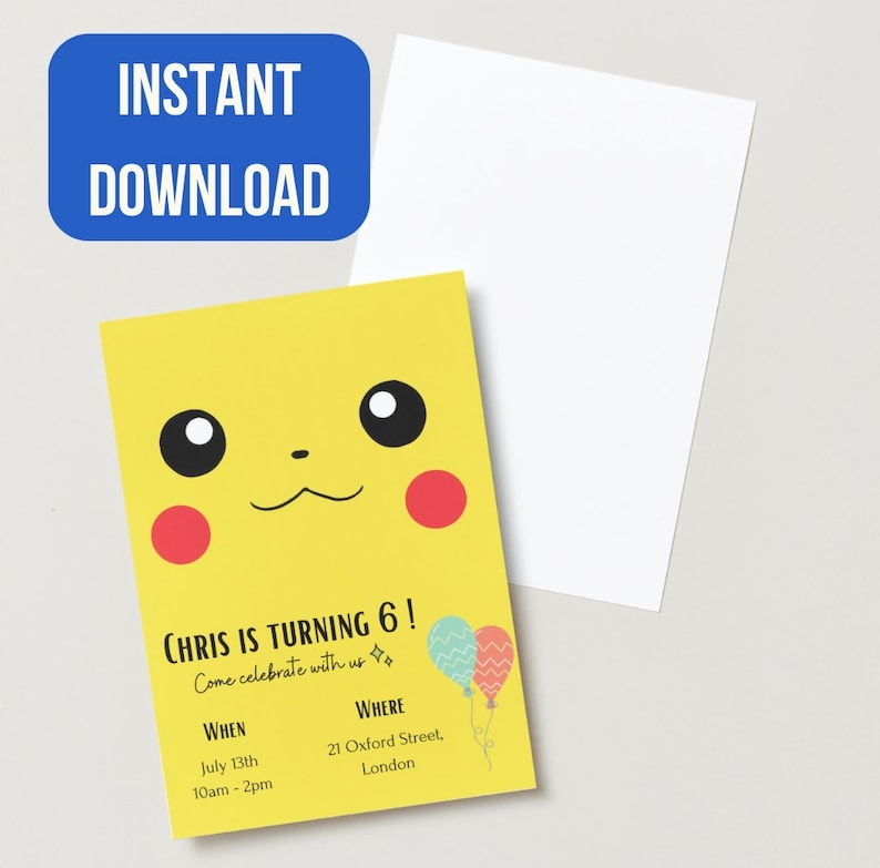 Pokemon Pikachu Invitation Card Template Birthday Card EDITABLE And 