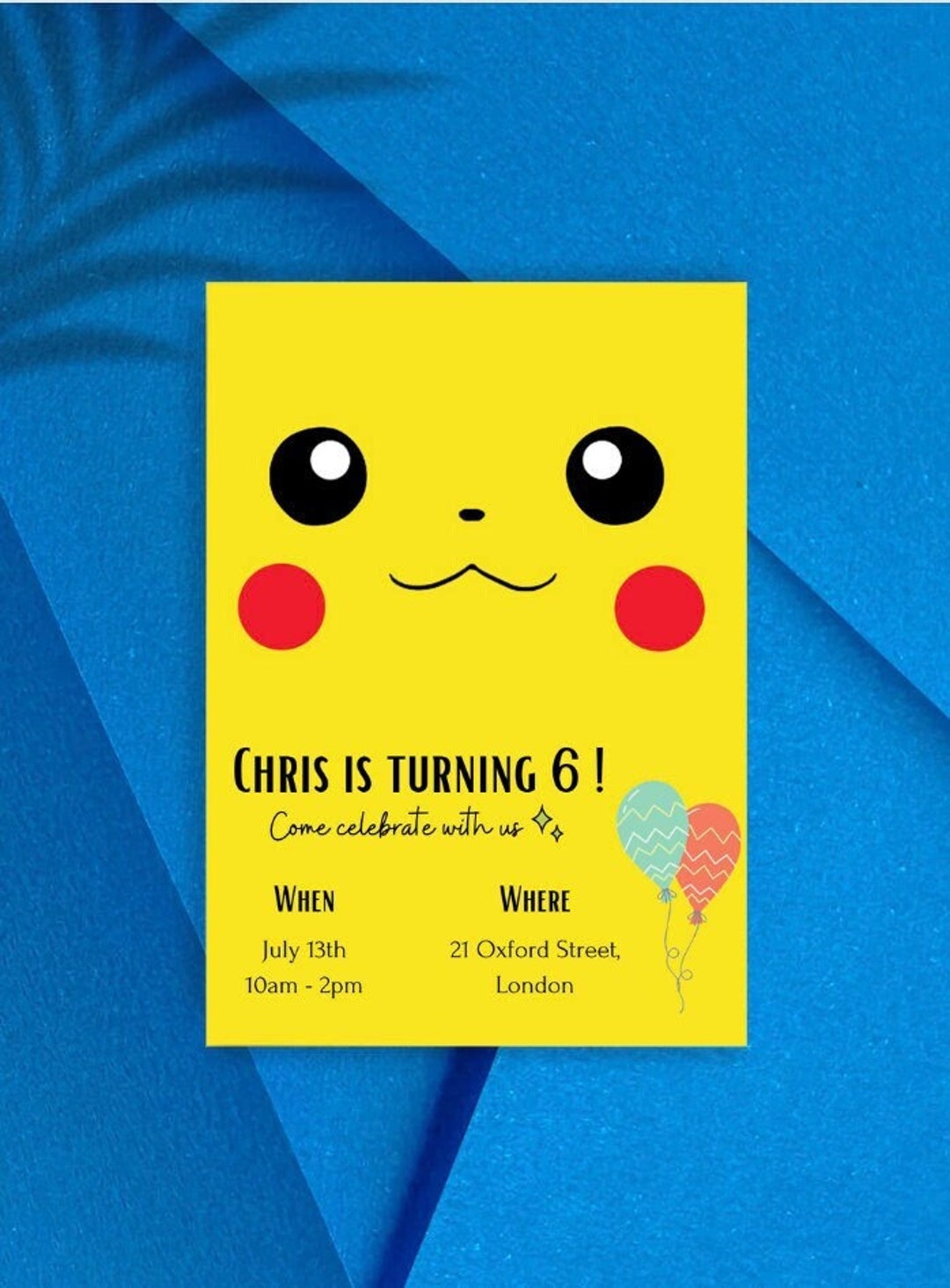 Pokemon Pikachu Invitation Card Template Birthday Card EDITABLE And
