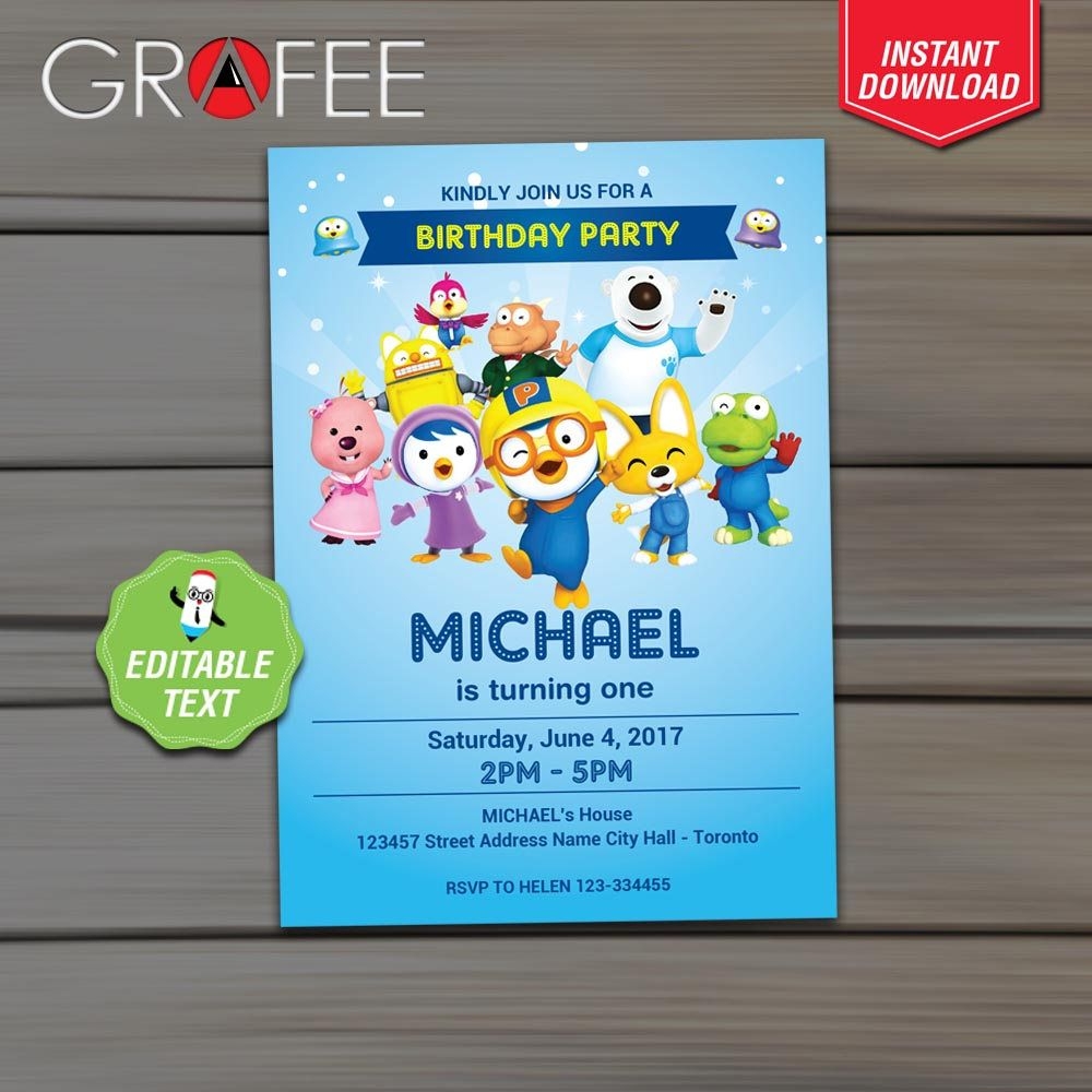 pororo birthday invitation template