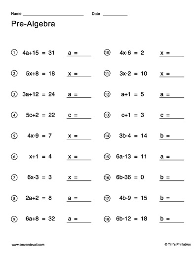 basic algebra problems worksheet