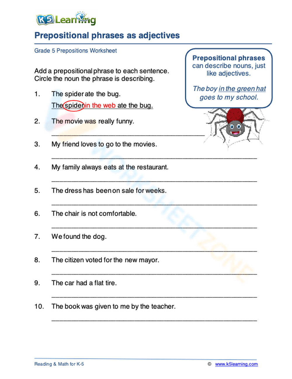using prepositional phrases worksheet