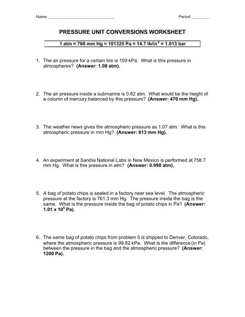 PRESSURE UNIT CONVERSIONS WORKSHEET 1 Worksheets Library