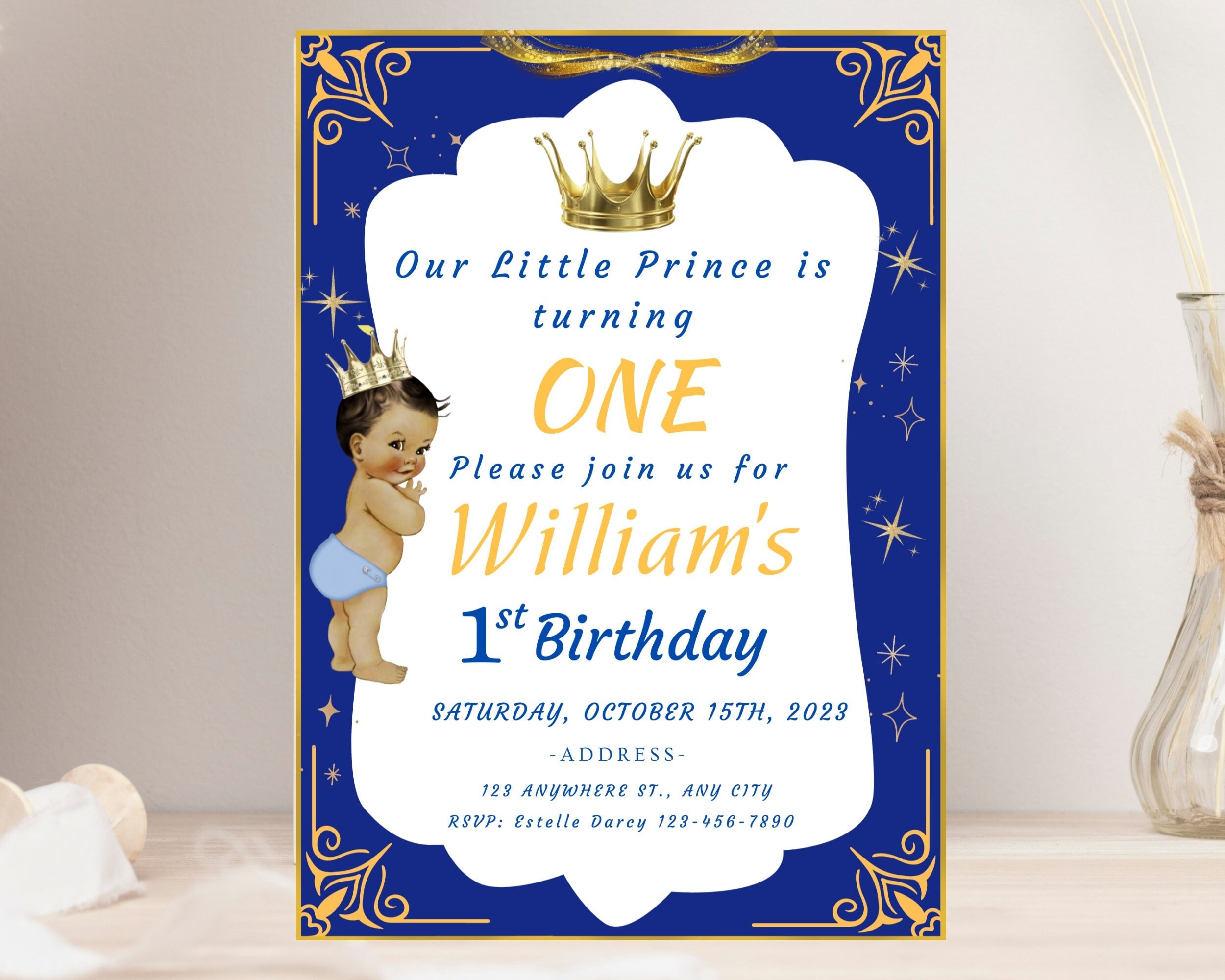 Prince 1st Birthday Invitation Template Royal Blue Gold Crown Party 