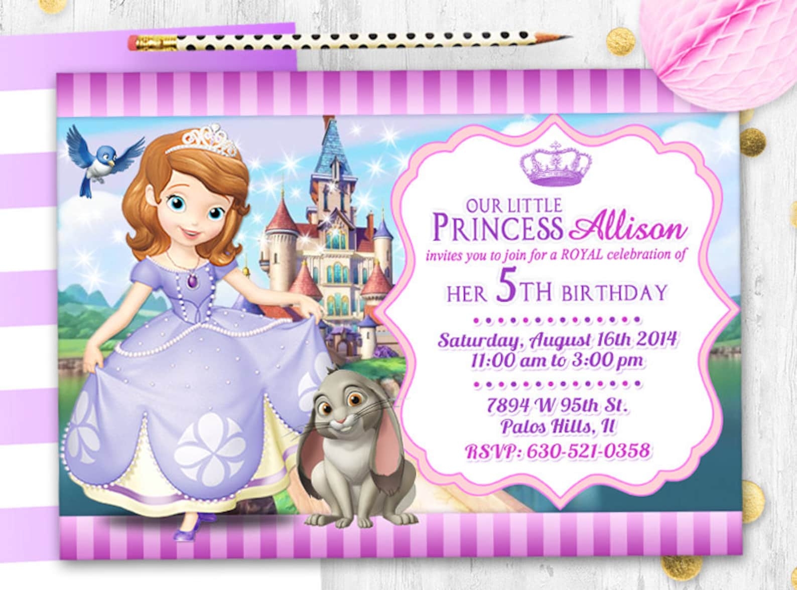Princess Sofia Invitation Birthday Card Sofia Invite Princess Etsy