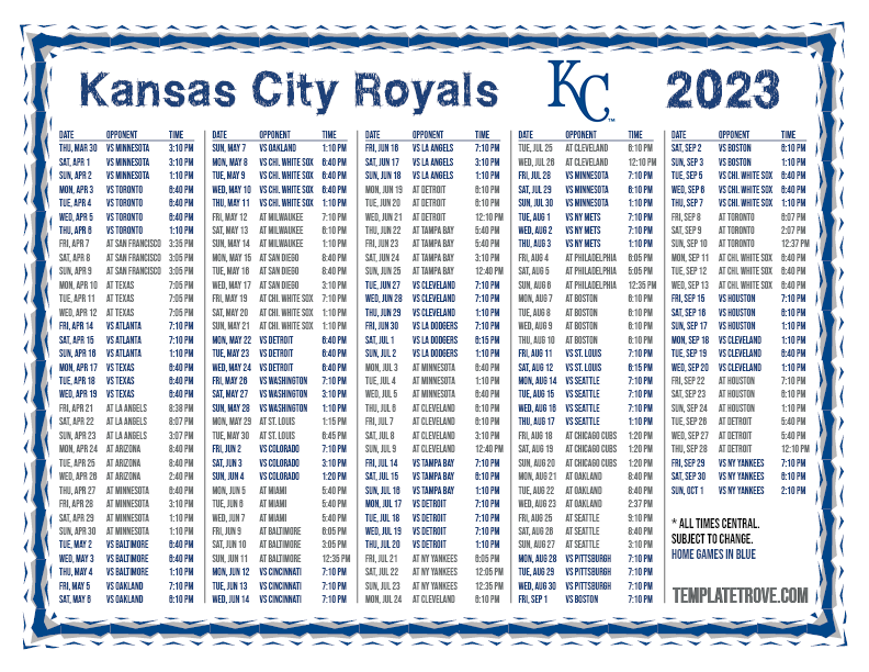 Printable 2023 Kansas City Royals Schedule