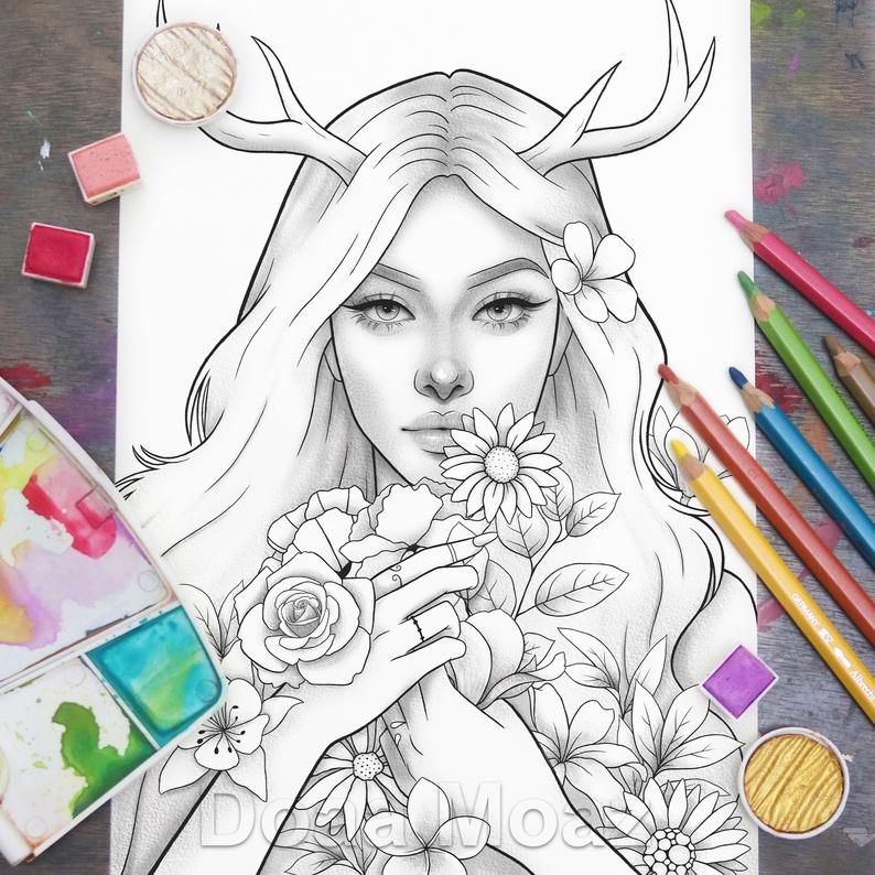 Printable Coloring Page Fantasy Floral Girl Portrait Etsy Portrait 