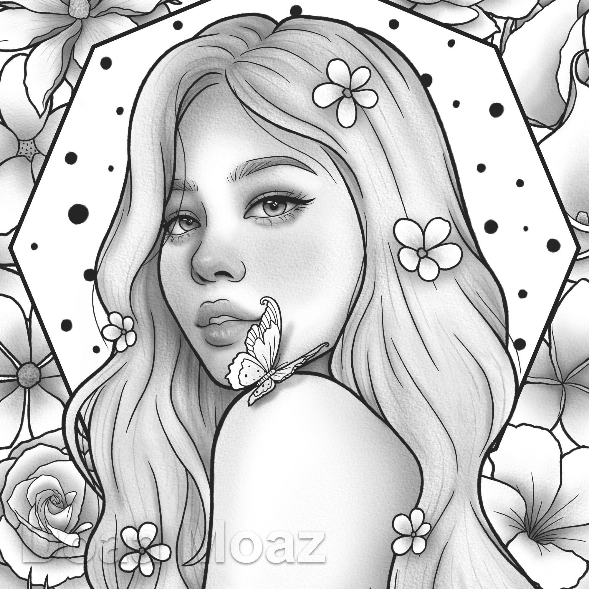 Printable Coloring Page Fantasy Floral Girl Portrait Etsy Riset