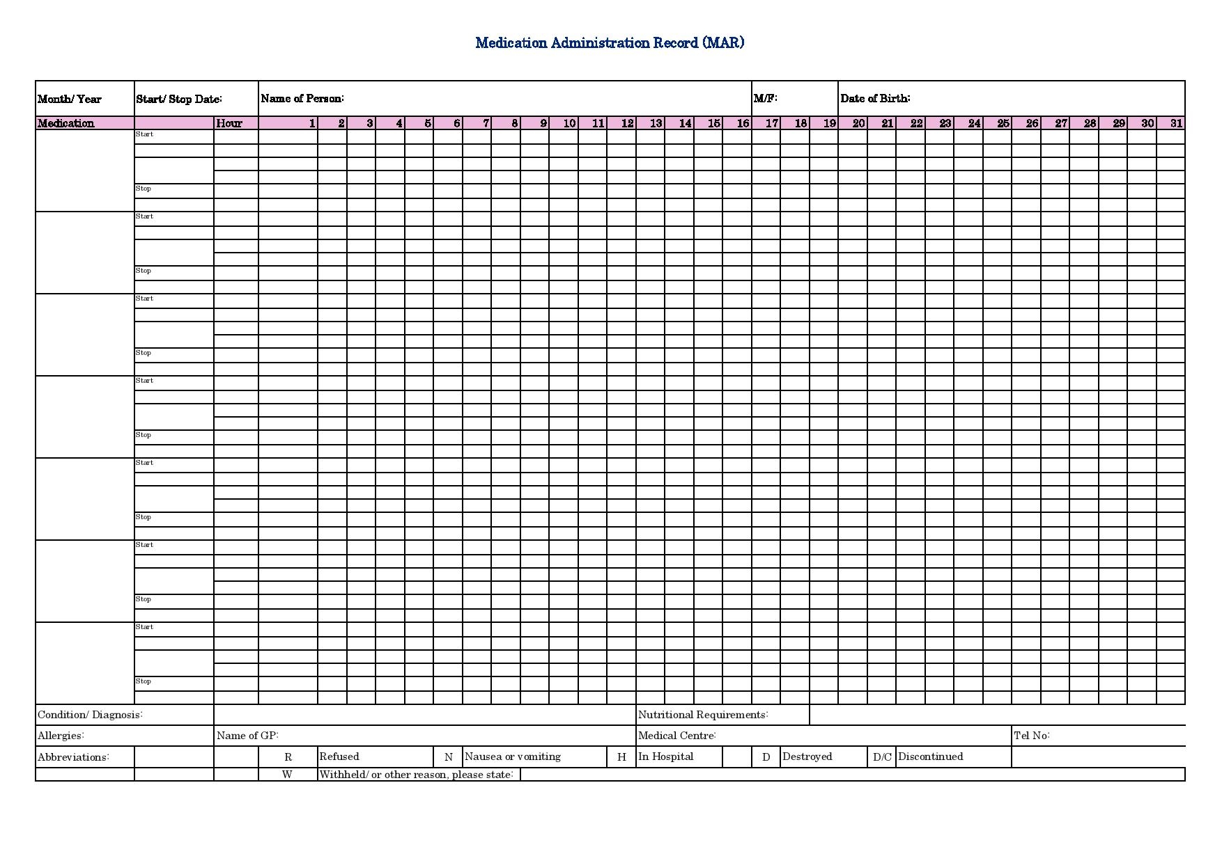 Printable Mar Sheet Template