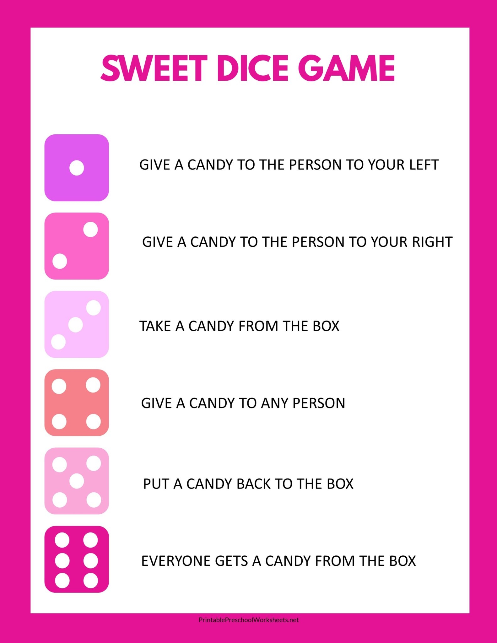 Printable Sweet Dice Game Candy Dice Game NO PREP Class Party Game 