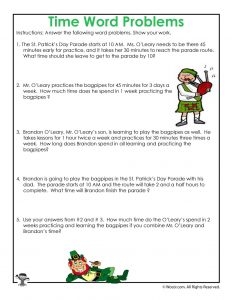 Printable Time Story Problem Math Worksheets For St Patrick 39 s Day 