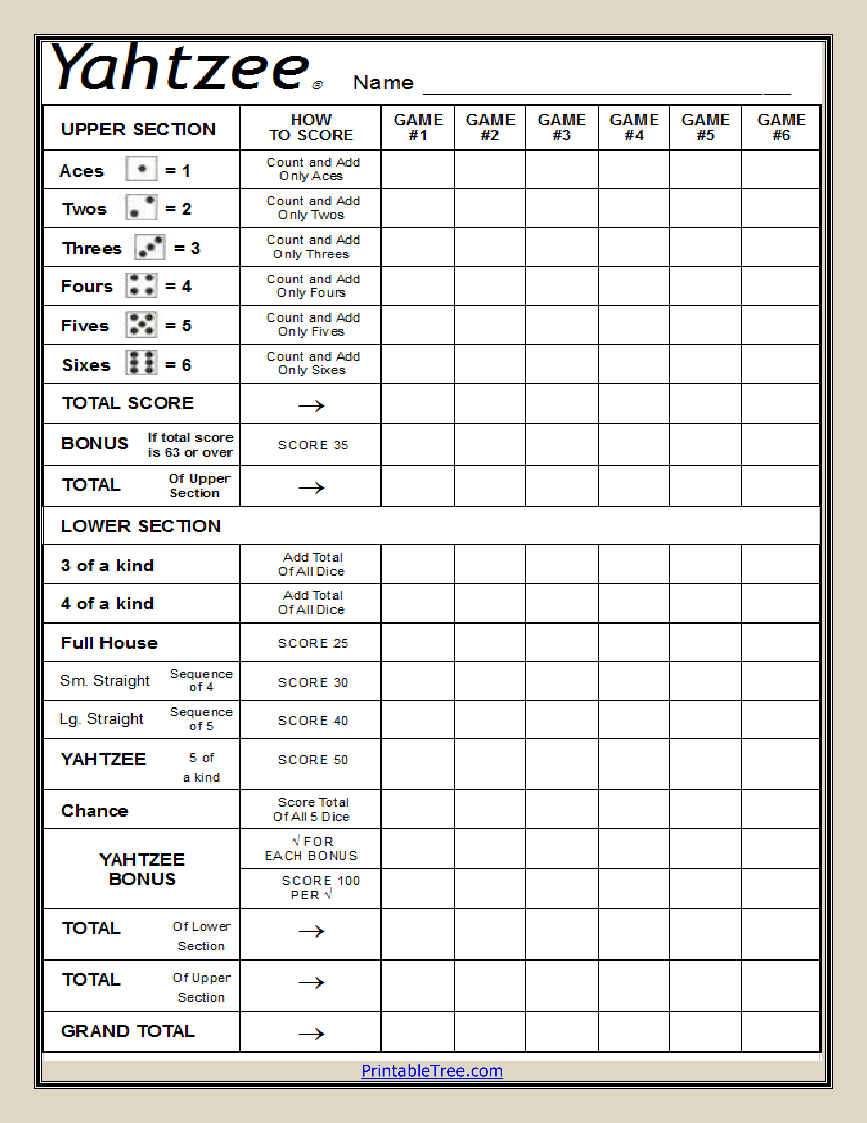 yardzee game sheet printable