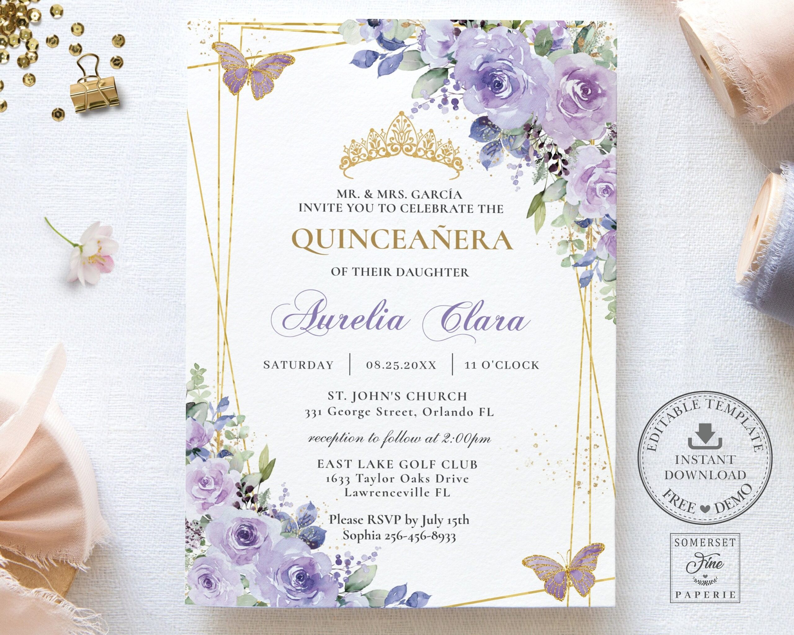 Purple Lilac Floral Quincea era Invitation INSTANT DOWNLOAD 