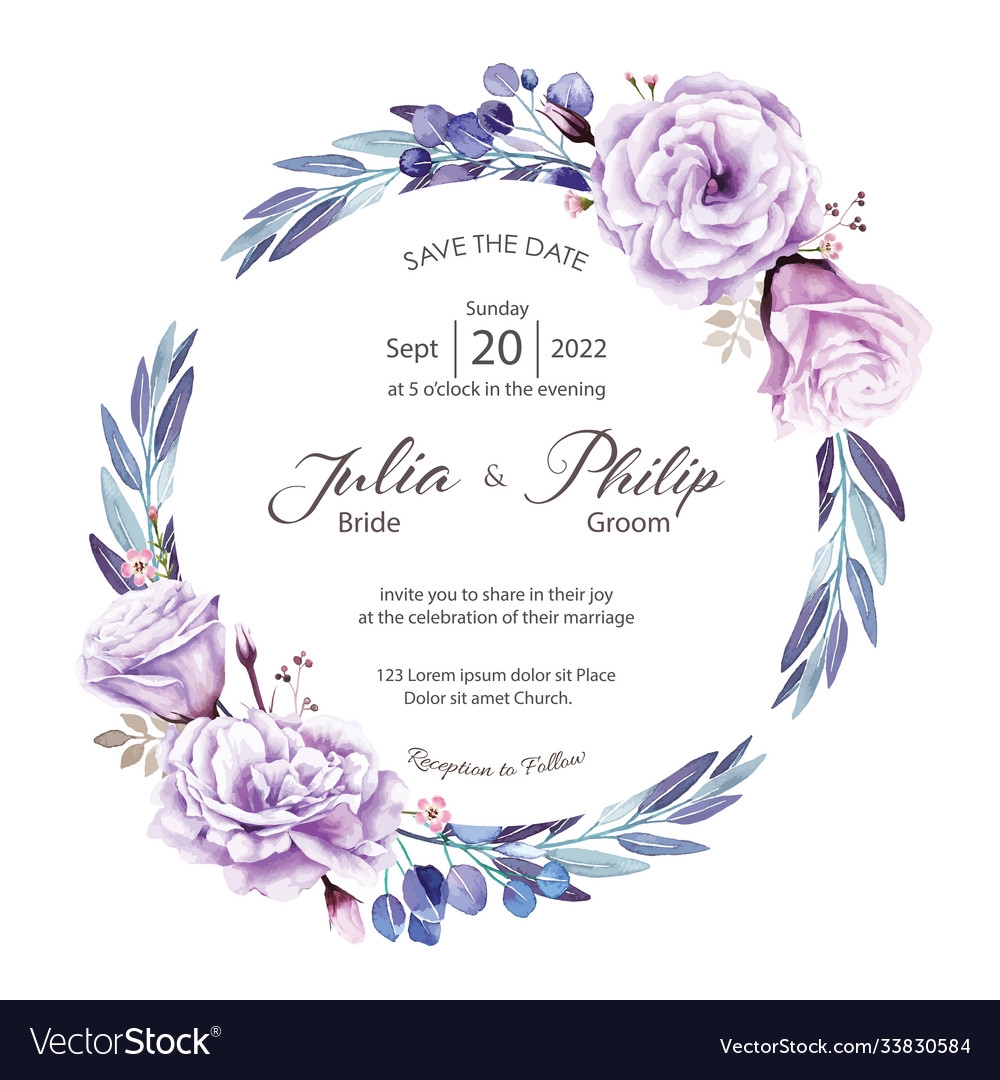 Purple Rose Wedding Invitation Card Template Vector Image