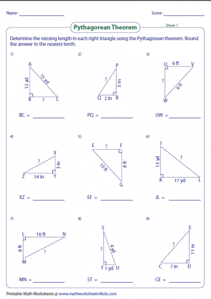 Pythagorean Theorem Worksheets