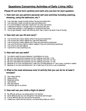 Questions Concerning Activities Of Daily Living ADL Fill And 