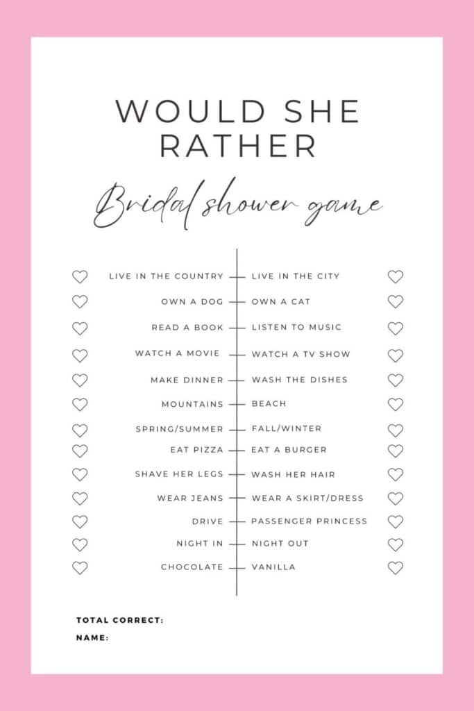  quot Would She Rather quot Bridal Shower Game Free Printable Party Ideas 