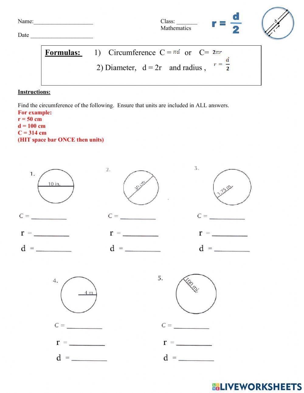 Radius Diameter And Circumference Of A Circle Worksheet Live 