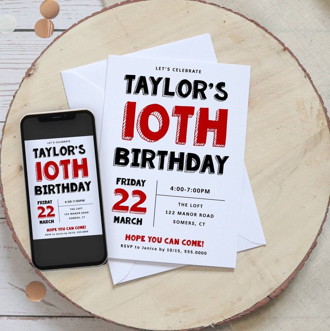 Red Black Birthday Invitation Template Block Font ANY AGE Fully 