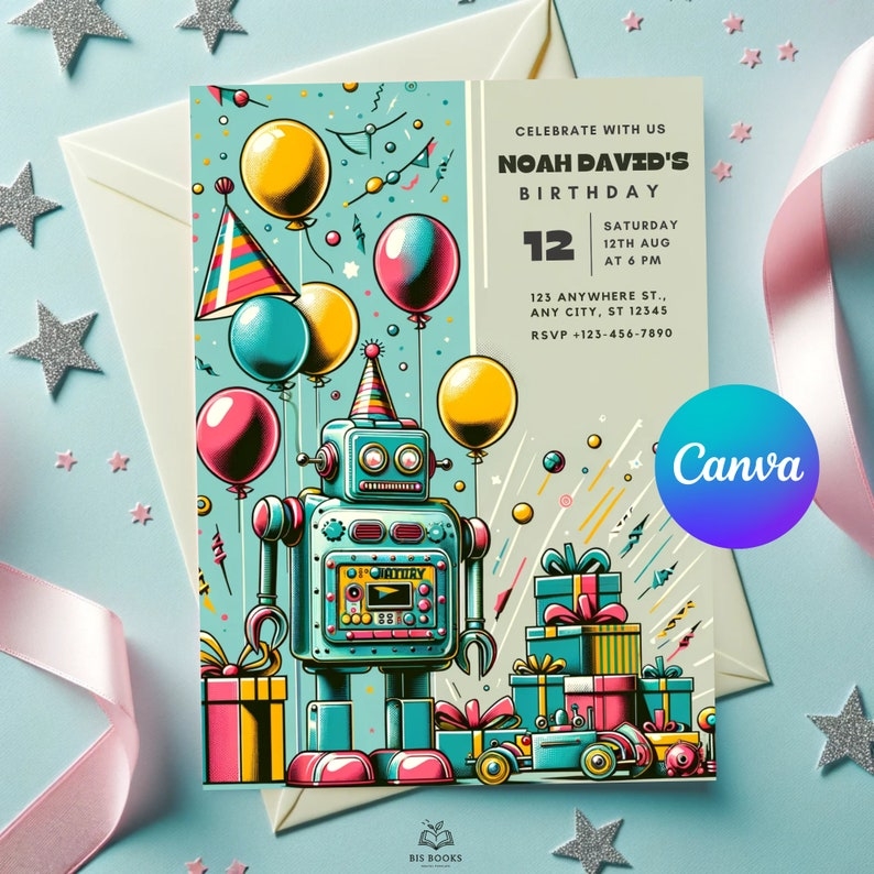 Robot Birthday Invitation Template Customizable Kids Party Digital 
