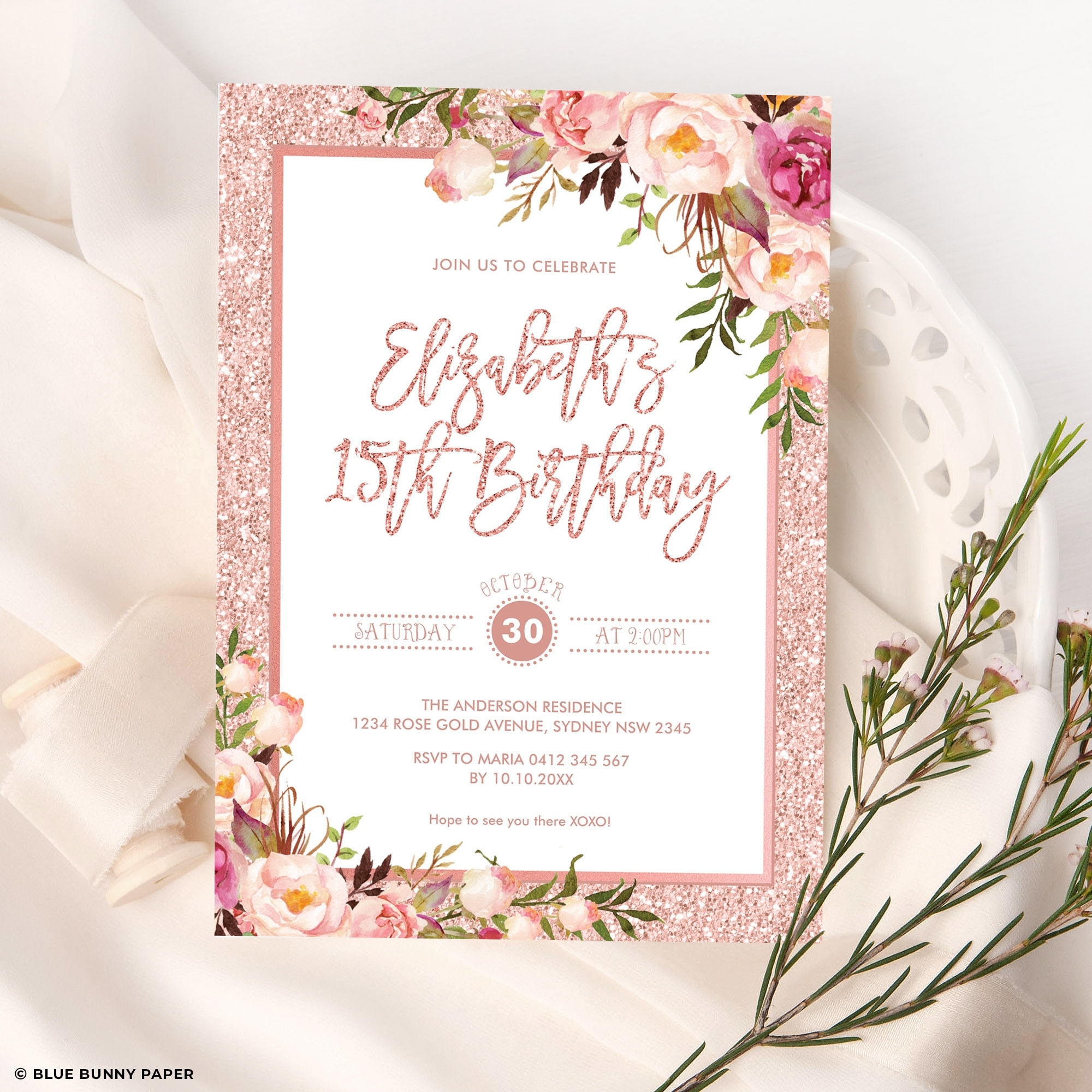 Rose Gold Birthday Invitation Template Blush Floral Etsy