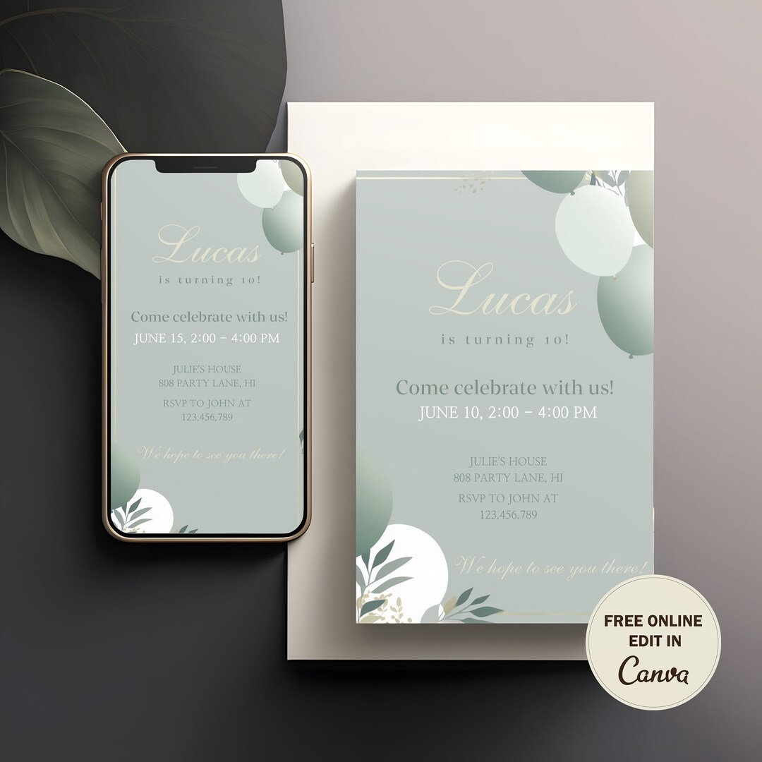 Sage Green Birthday Invitation Template Digital Download Etsy